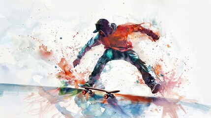 Watercolor skateboarding scene bursting with colors, showcasing the energy and movement of the sport