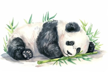 Fototapeta premium A peaceful illustration of a sleeping giant panda surrounded by bamboo, depicted in delicate watercolor style