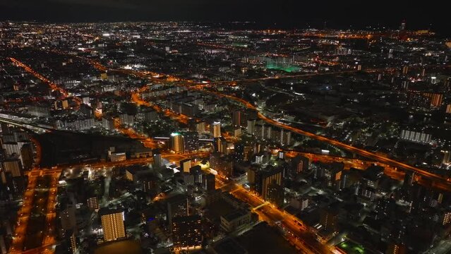 Aerial view of Osaka city at night, Japan
