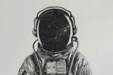 An up-close artistic drawing of an astronaut helmet mirroring the star-studded cosmos, depicting isolation and infinity
