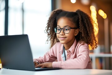 Happy young girl with curly hair and glasses using a laptop in a well-lit room. - obrazy, fototapety, plakaty