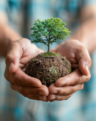 Hands cradling earth topped with a green tree. Human responsibility and global effort to preserve environment.