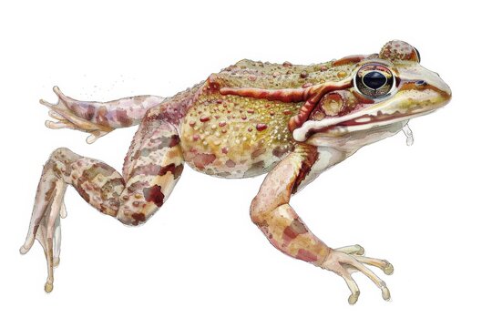 Exquisitely detailed watercolor painting of a frog in a naturalistic style, with life-like textures and colors