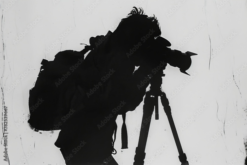 Poster a stark black silhouette of a photographer using a camera mounted on a tripod against a white backgr