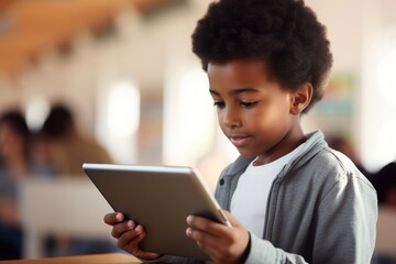 A young boy intently using a tablet for educational purposes in a vibrant classroom environment. Boy Learning on Tablet in Busy Classroom Setting