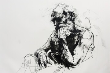 The image captures a sketched monochromatic figure seemingly in deep thought or contemplation