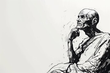 The simplistic, yet evocative ink drawing of a figure deep in thought, rendered in a striking monochrome palette