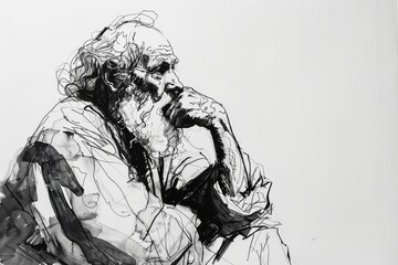 A detailed illustration showcasing an elderly man engrossed in thought, with intricate ink strokes highlighting his expressive pose