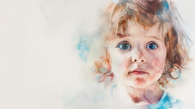 An artistic watercolor rendition of a young girl with striking eyes and wavy hair