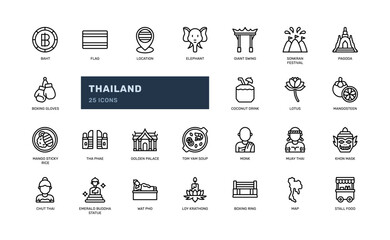 thailand thai tourism travel culture and landmark outline line icon set