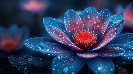 A beautiful blue flower with red petals is surrounded by water droplets