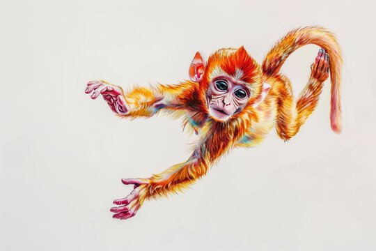 This striking image features a monkey rendered in fiery hues of red, orange, and yellow, caught in dynamic movement against a white backdrop