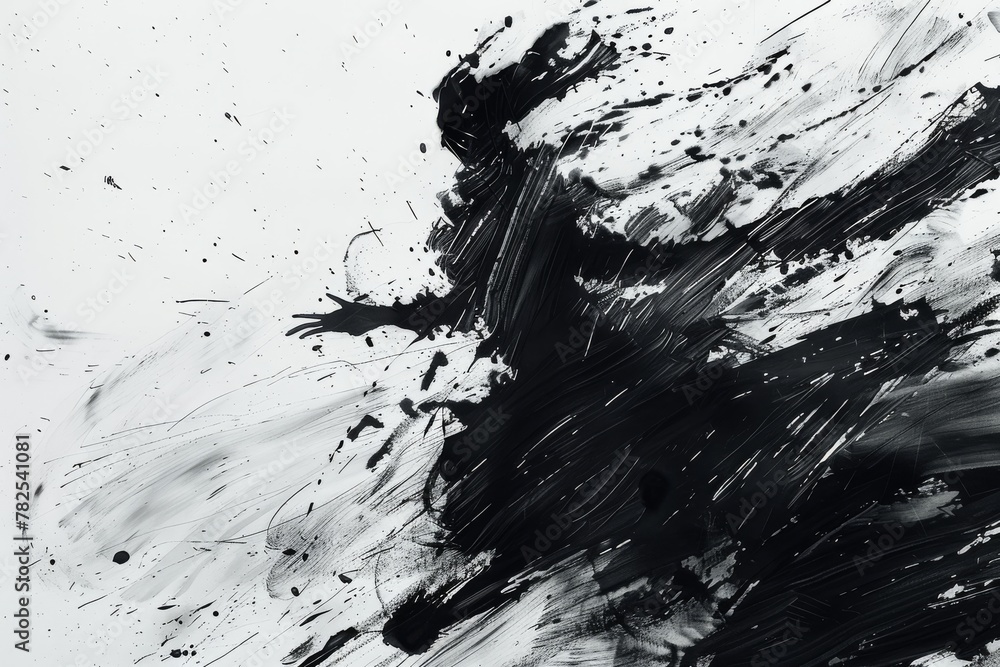 Aufkleber Abstract black paint splatter creating a sense of motion on a stark white background, ideal for modern décor