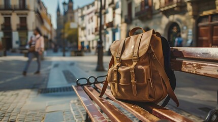 Brown hipster backpack on the bench in Spanish city old town square street. Solo traveler, tourism,...