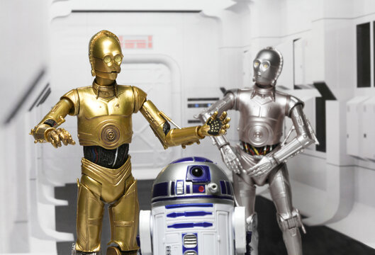 NEW YORK USA, MAY 23 2018: Recreation of the opening scene of Star Wars A New Hope with droids C3P0, U3P0 and R2D2 on the Tantive IV during the imperial attack.  Hasbro Black Series action figures