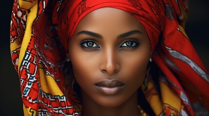 a woman with a red head wrap - obrazy, fototapety, plakaty