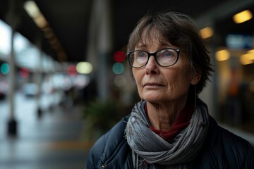 Portrait of senior woman with eyeglasses in the city.