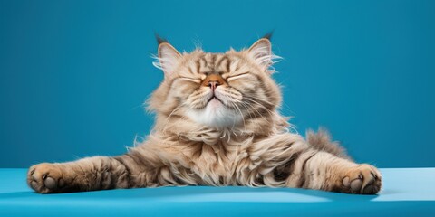 Impudent cat in unbridled pose lies on blue background, concept of Assertive feline