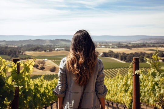 a woman standing in front of a vineyard