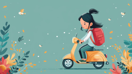 Illustration of an animated girl on a yellow scooter amidst a floral backdrop with birds.