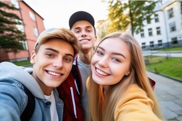 A group of joyful teenage friends sharing a laugh while taking a selfie outside, showcasing youth and happiness. Happy Teen Friends Enjoying Time Together Outdoors
