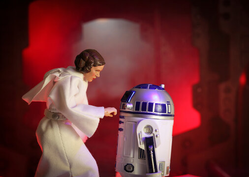 NEW YORK USA, MAY 11 2018: Recreation of a scene from Star Wars A New Hope Princess Leia hides the plans to the Death Star inside of astromech droid R2D2 and records the only hope message for Kenobi