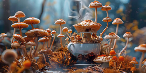  Coffee with mushrooms, superfood trend, ai generated.