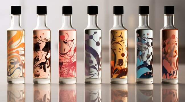 a row of bottles with different colored liquid