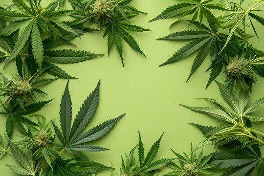 Cannabis sativa plants frame on light green background. Marijuana leaves and buds border, top view, copy space. Horticultural industry