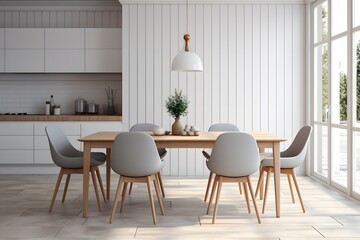 Obraz premium Scandinavian dining room interior in light colors with wooden table and chairs. House apartment design in a minimalist style