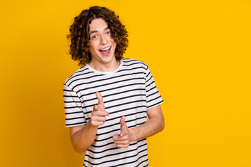 Photo of young cheerful attractive flirty coquette guy optimistic funny boyfriend pointing fingers you isolated on yellow color background