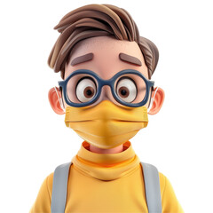 Cartoon figure wearing a mask and glasses looks startled while standing on a transparent background