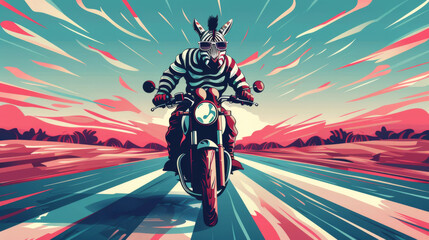 Stylized graphic illustration of a zebra riding a motorcycle with a retro sunset background.