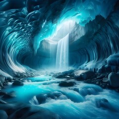 Waterfall in a ice cave. - obrazy, fototapety, plakaty