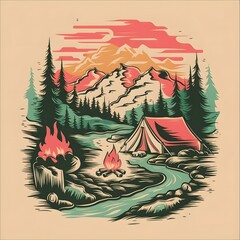 A captivating monoline illustration of a serene mountain morning camping scene, perfectly capturing the essence of outdoor adventure and tranquility