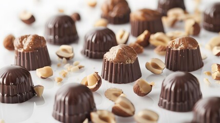 Candies with hazelnut paste and whole hazelnuts in milk chocolate