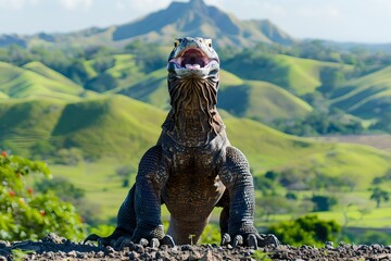 Majestic dinosaur in a lush landscape roaring towards the sky. Realistic CGI representation of...