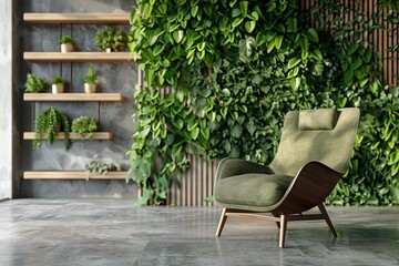 Minimalistic Modern Home Interior with Green Chair and Plant Wall. Cozy Relaxation Space. Eco-Friendly Design. Generative AI