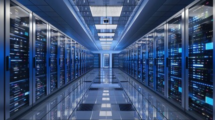 Data Center Corridor with Server Racks. High Internet Visualisation Projection, server technology datum network, web security