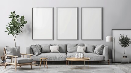 mock up poster frame in modern interior background, living room, Scandinavian style, 3D render