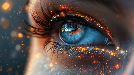 A woman's eye is covered in glitter, giving it a sparkling