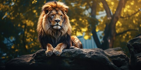 Majestic lion sits on rock surrounded by green trees, concept of Stately creature