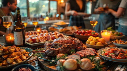 A large table is covered with a variety of food, including sandwiches, salads, and fruit. The table is set for a big family gathering or party