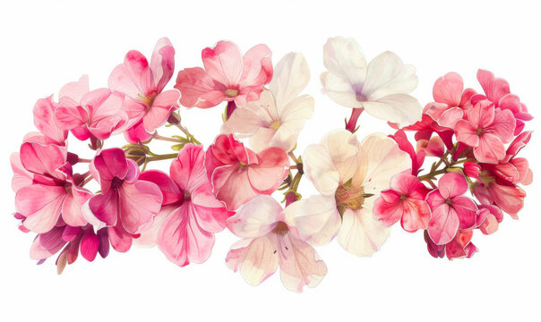 Artistic watercolor composition featuring a series of elegant geranium flowers in full bloom.