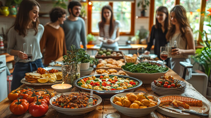 Obraz premium A group of people are gathered around a large table filled with food. Scene is warm and inviting, as the group of friends share a meal together
