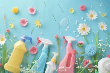 Housecleaning and hygiene concept with spring chores, cleaning supplies, and home cleaning services - obrazy, fototapety, plakaty