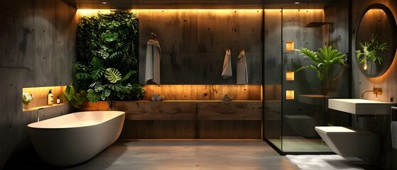 Contemporary Zen Bathroom Oasis with Lush Greenery and Wooden Accents. Concept Contemporary Design, Zen Elements, Lush Greenery, Wooden Accents, Bathroom Oasis