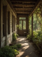 Sunlight filters through dense foliage, casting dappled light onto old, wooden porch that seems to have stood test of time. Weathered wood, marked by years of exposure to elements.