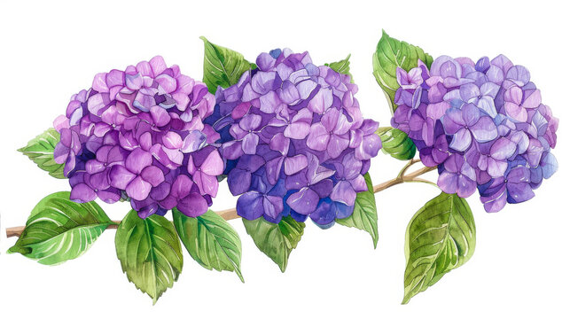 Artistic watercolor painting of purple hydrangea flowers with green leaves, isolated on white.