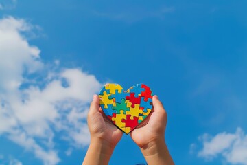 Autism spectrum concept - boy hands holding colorful jigsaw heart for world autism awareness day